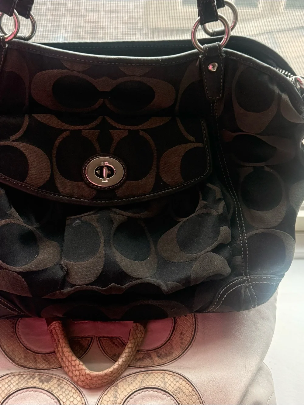 Coach Black and Tan Signature Shoulder Bag with Turn-Lock